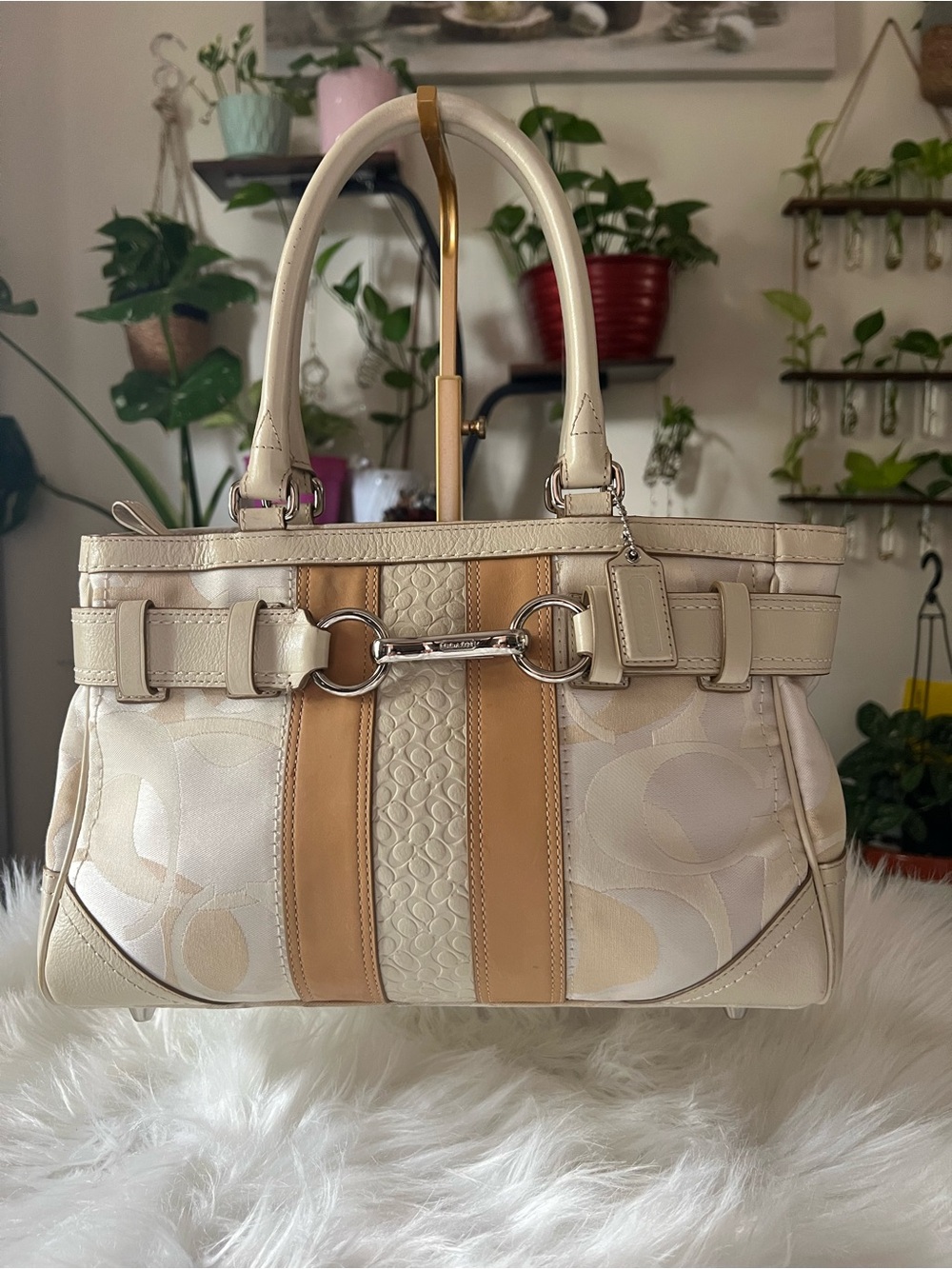 Coach Cream and Tan Signature Satchel with Leather Trim